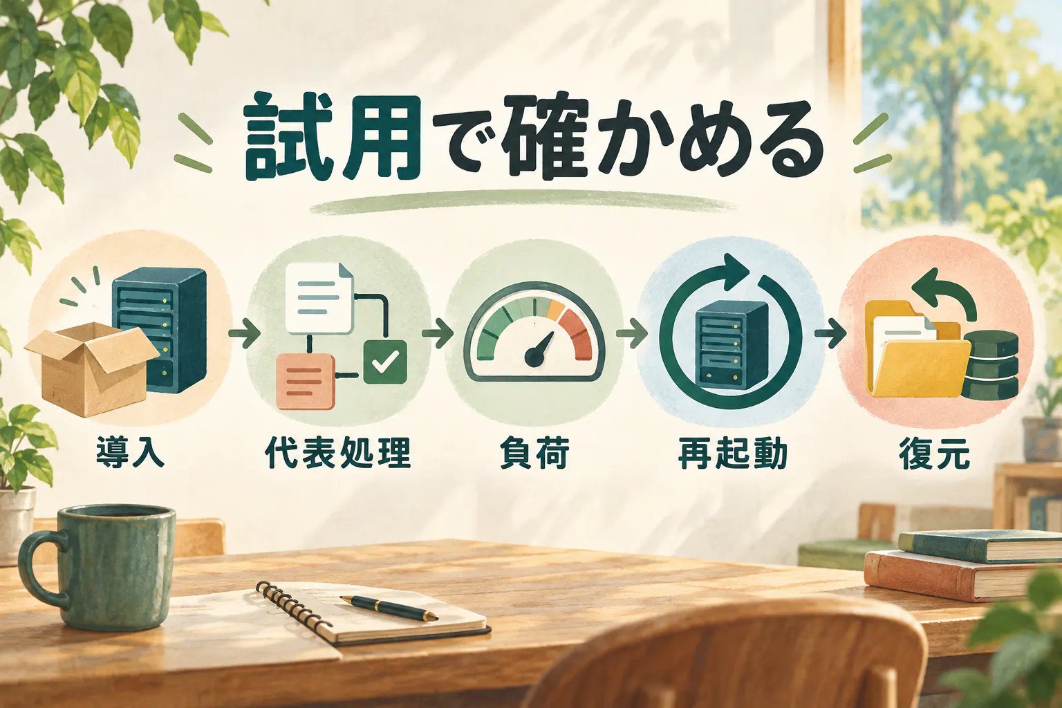 試用中に導入、代表処理、負荷、再起動、復元を確かめる5項目の図