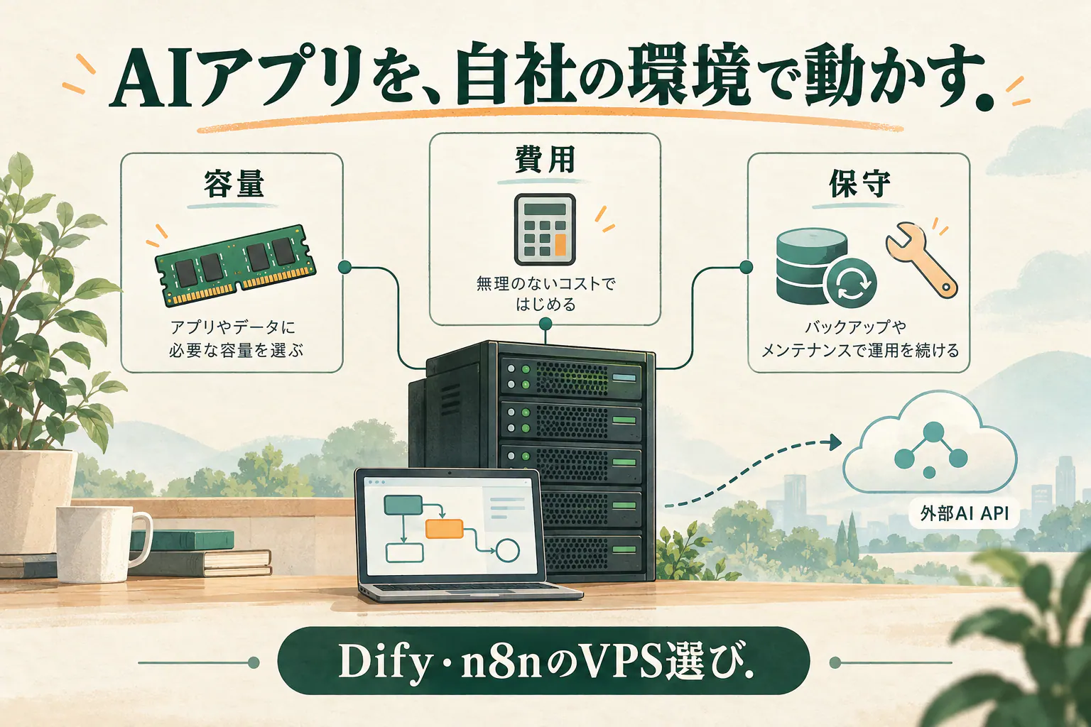 容量・費用・保守からAIアプリのVPSを選び、外部AI APIとの接続も示すAI生成の説明イラスト