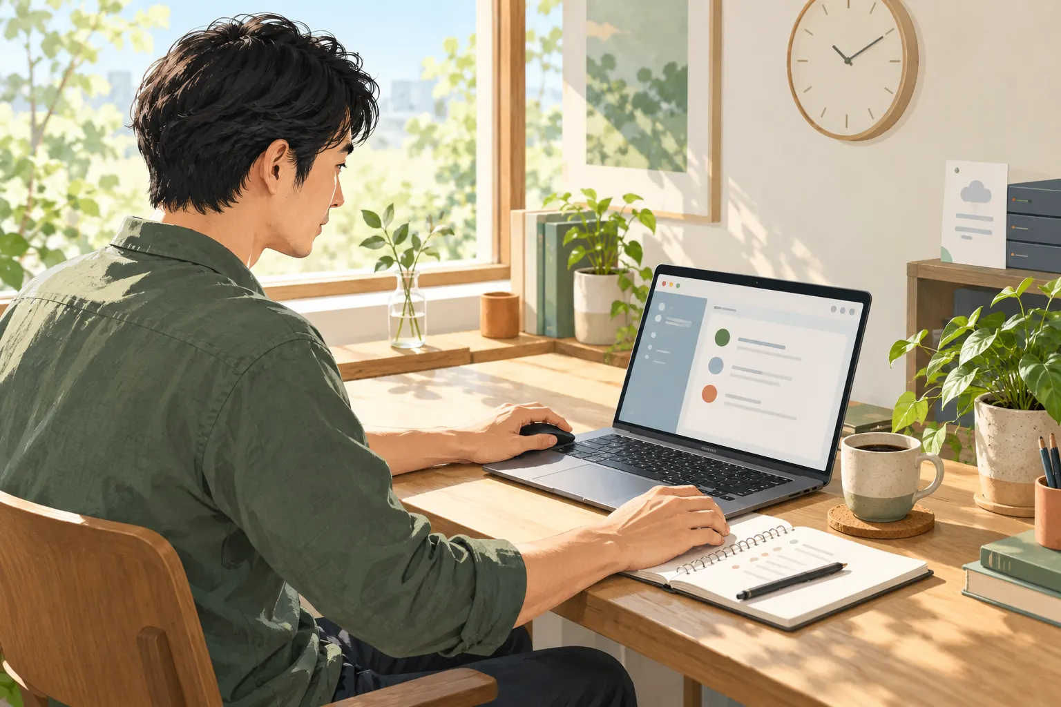 朝に届いた情報を読み、必要な内容をノートへ記録する担当者