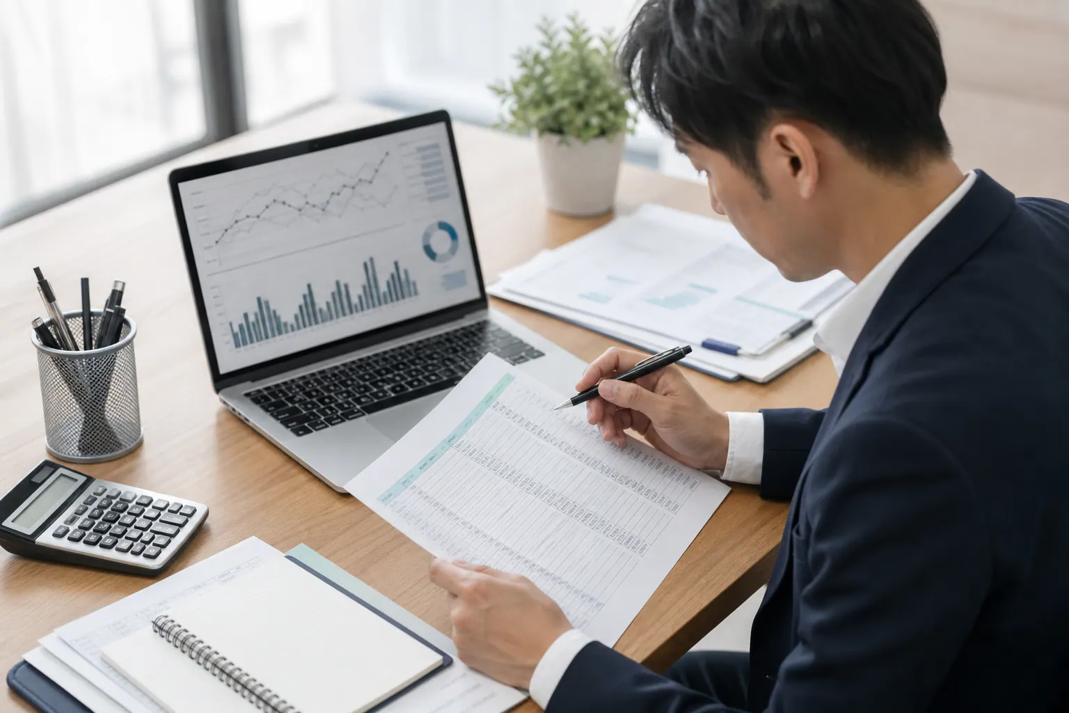 売上表とグラフを見比べ、集計値を確認する営業企画担当者