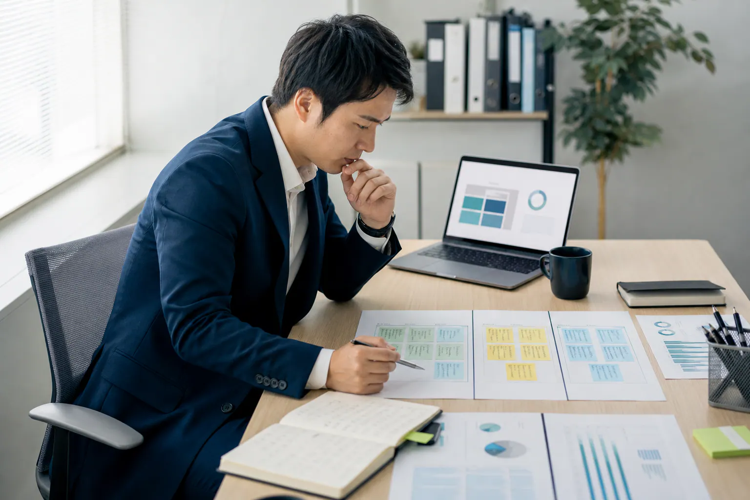 商談資料とメモを並べ、提案書の構成を考える営業担当者