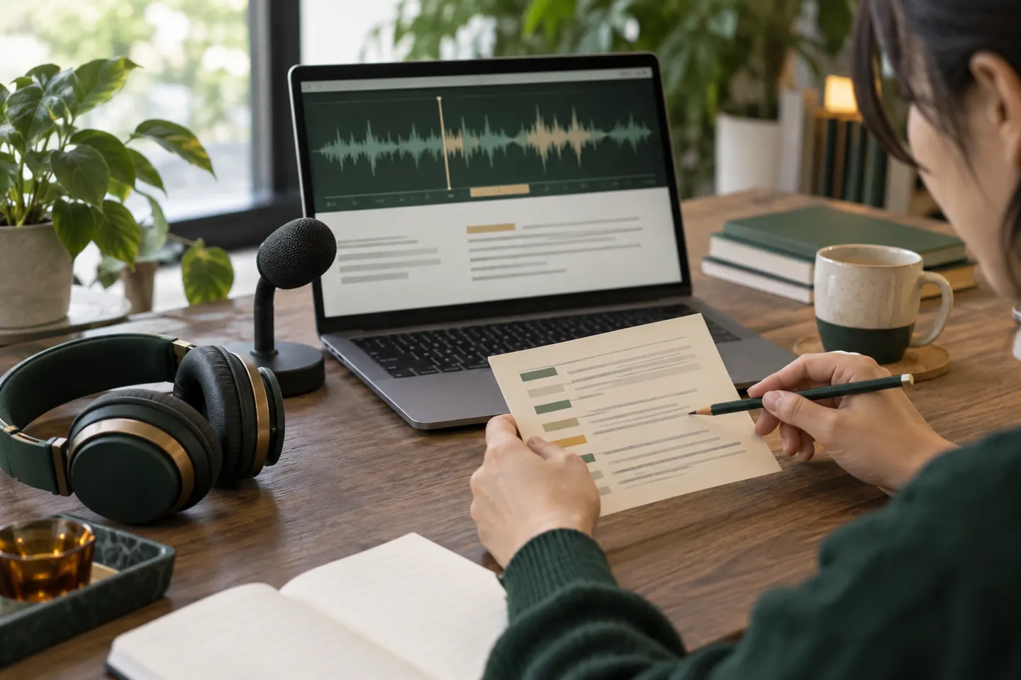 ヘッドホンと用語メモを使い音声の該当箇所を聞き直すイメージ