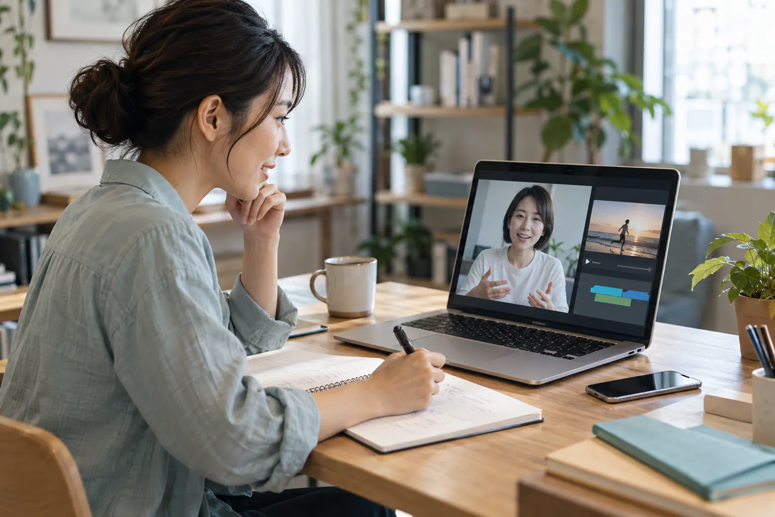動画の直し方をオンラインで相談し、修正点をノートへ記録する学習者
