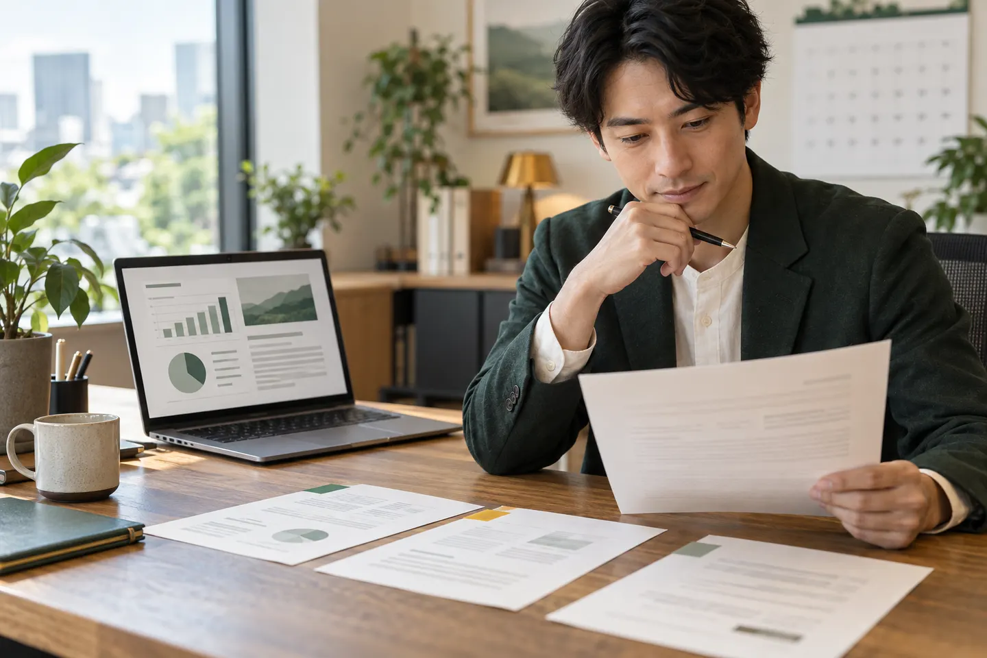 複数の元資料と短い週報を照合する週末のオフィス作業イメージ