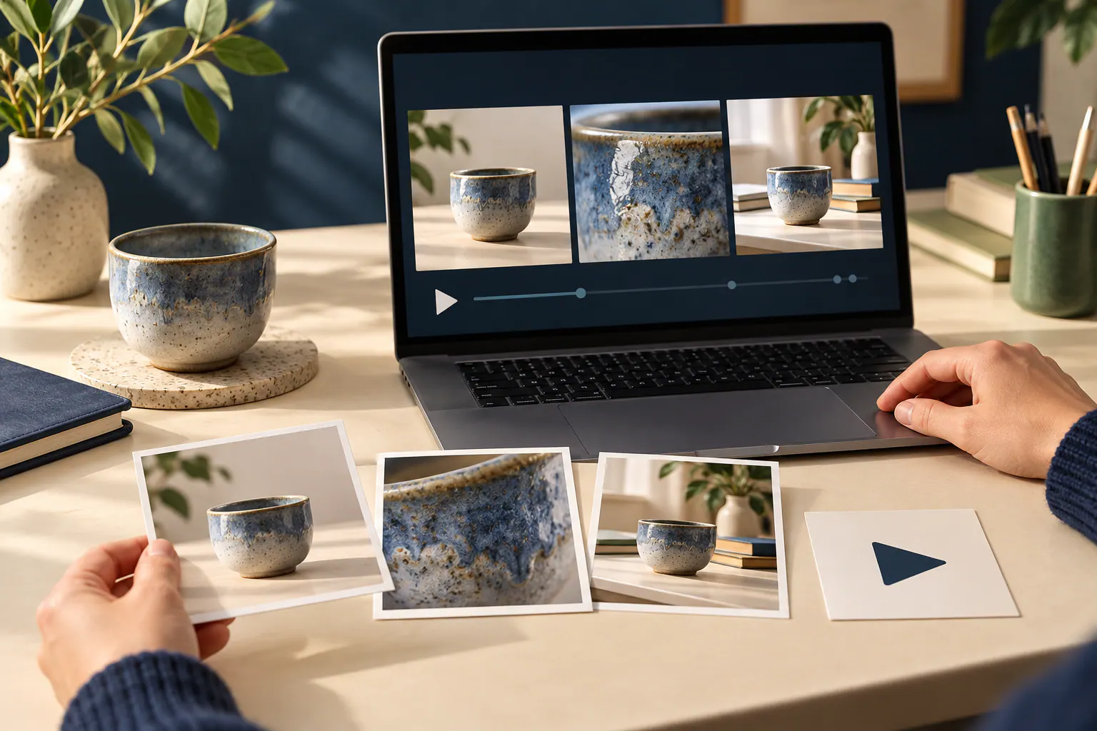 陶器の写真と短い動画のカットを表すカードを、パソコンのある机に並べた制作イメージ