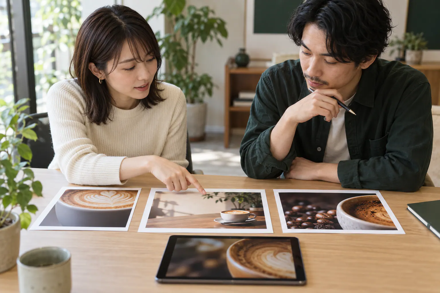 同僚とコーヒーの画像案を比べ、構図と文字を置く余白の改善点を相談する場面