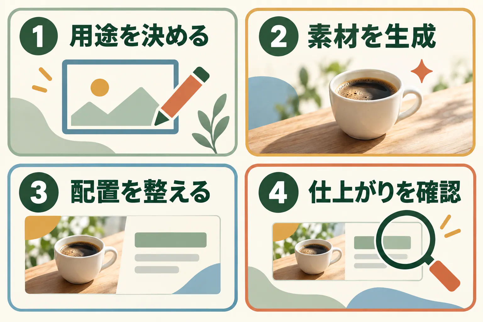 用途を決め、素材を生成し、配置を整え、仕上がりを確認する四段階