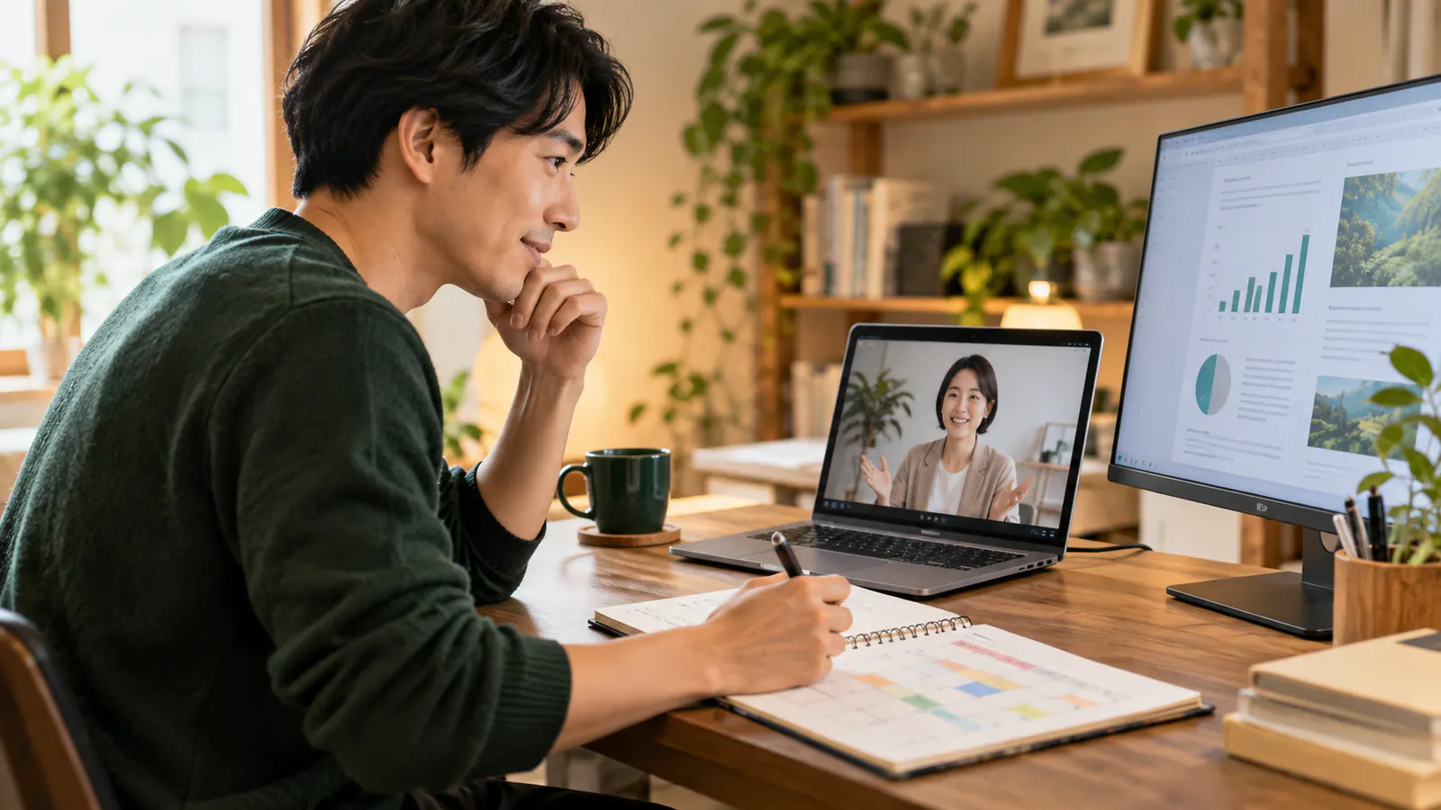 週ごとの学習予定と報告資料をオンラインで相談する学習者のイメージ