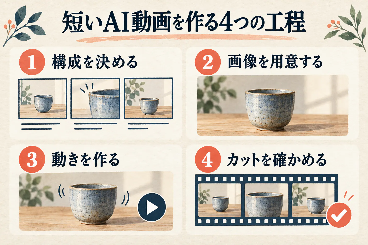 短いAI動画制作を、構成を決める・画像を用意する・動きを作る・カットを確かめるの4段階で示す図