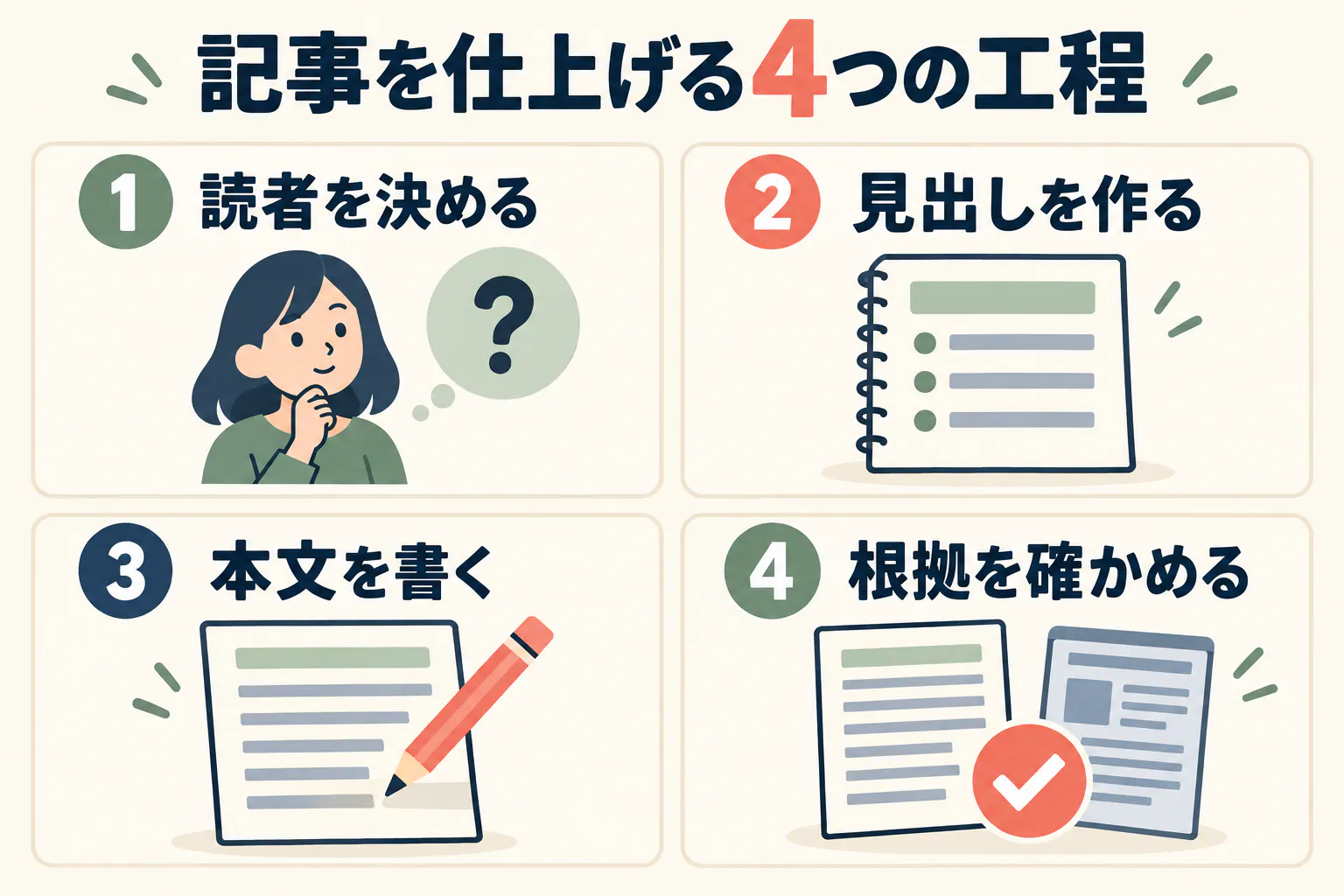 記事制作を、読者を決める・見出しを作る・本文を書く・根拠を確かめるの4工程で示す図
