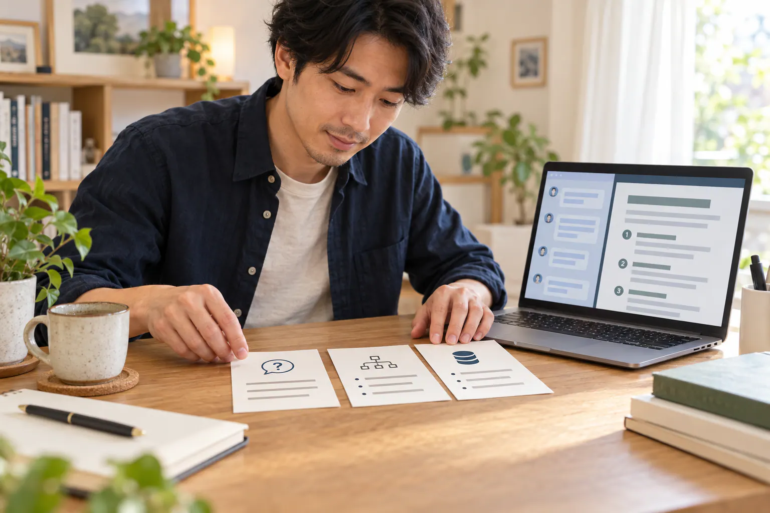 読者の疑問と記事構成を表すカードを並べ、パソコンの構成案を確認する人