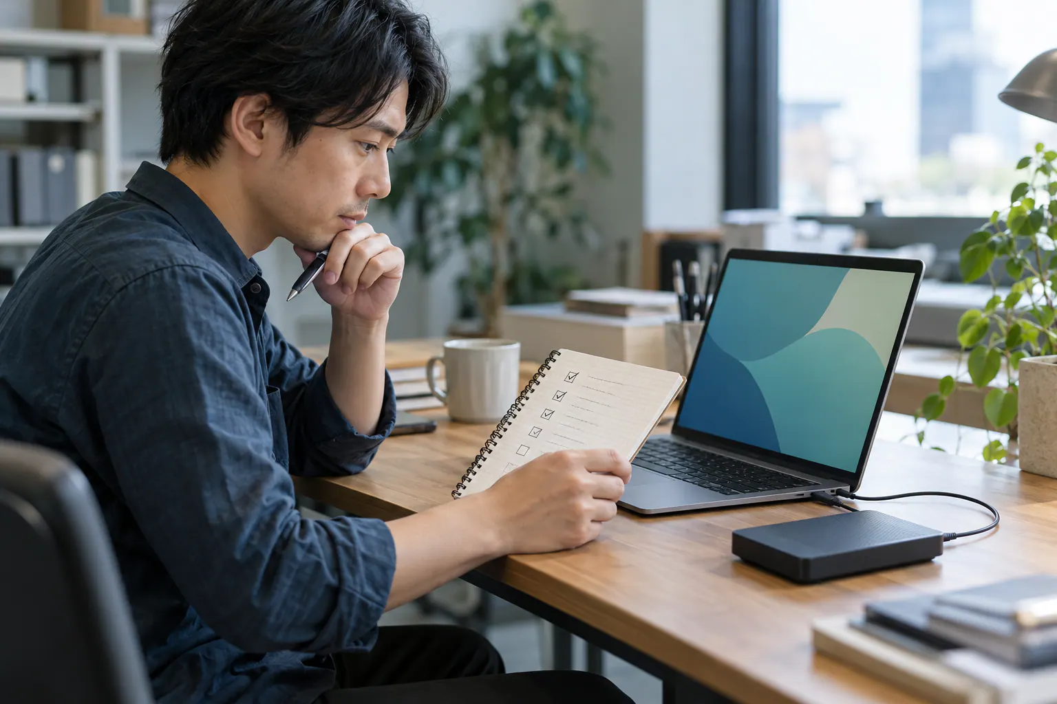 更新前の確認項目とバックアップ用のドライブを見ながら、保守作業を準備する担当者