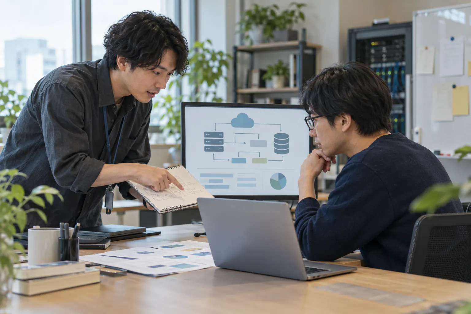 社内FAQを動かすサーバーの容量と保守の分担を相談する技術担当者たち