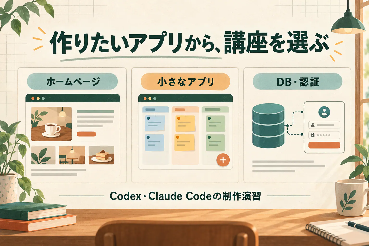 ホームページ・付箋アプリ・DBと認証の三つからCodexとClaude Codeの制作講座を選ぶAI生成の説明イラスト