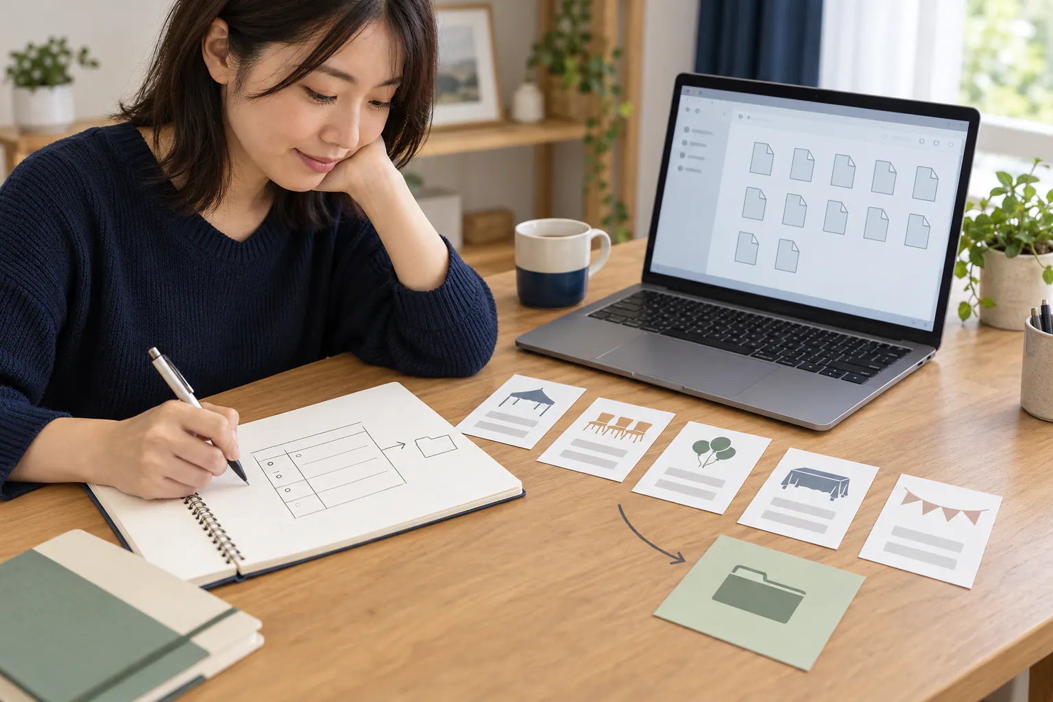 練習用のファイルと完成見本の表を並べ、パソコンへ頼む作業をノートに整理する人