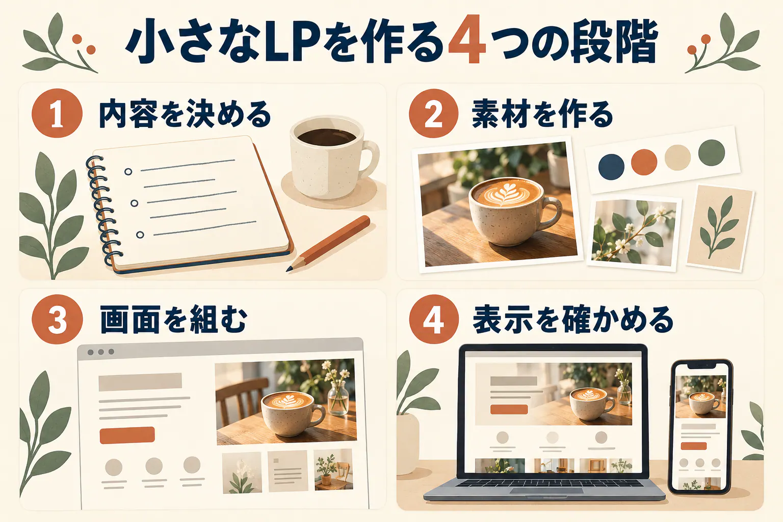 小さなLPを作る工程を、内容を決める・素材を作る・画面を組む・表示を確かめるの4段階で示す図