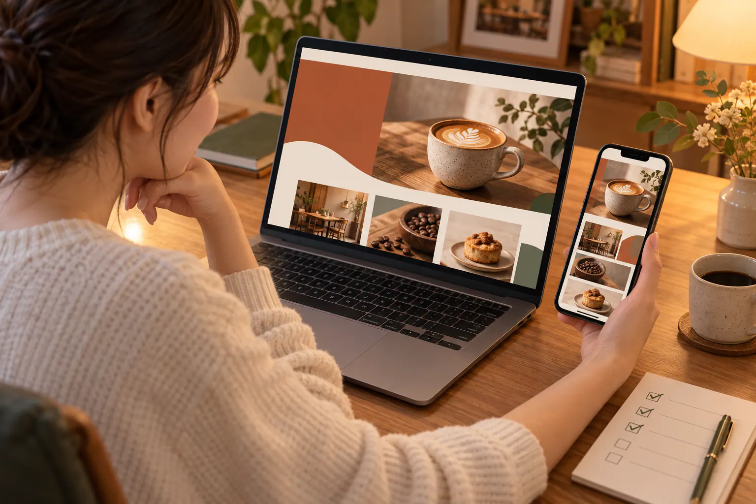 同じカフェのページをパソコンとスマートフォンで表示し、画面の違いを見比べる人