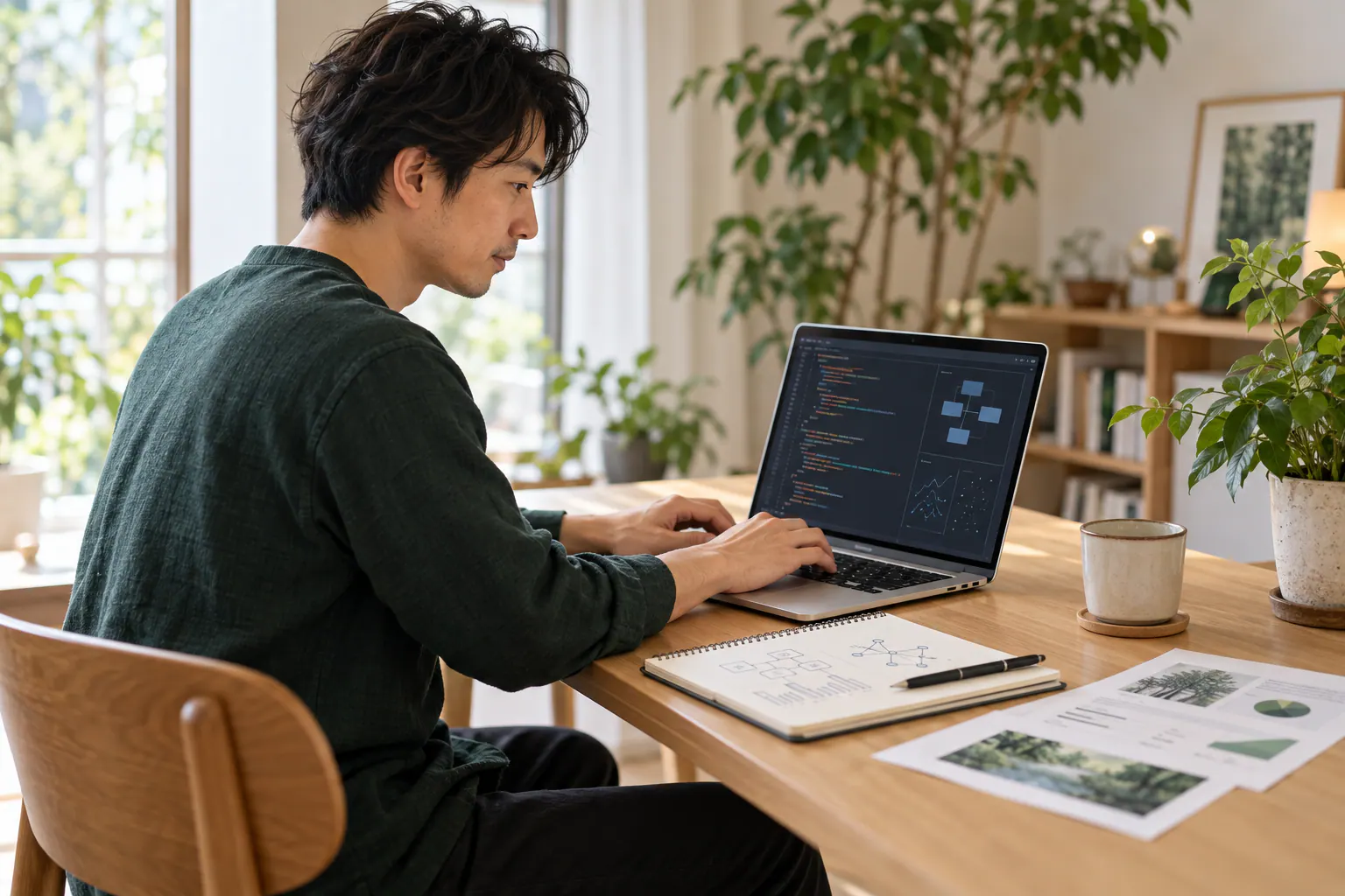 ノートとサンプル資料をそばに置き、パソコンで小さなAIアプリを学ぶ人