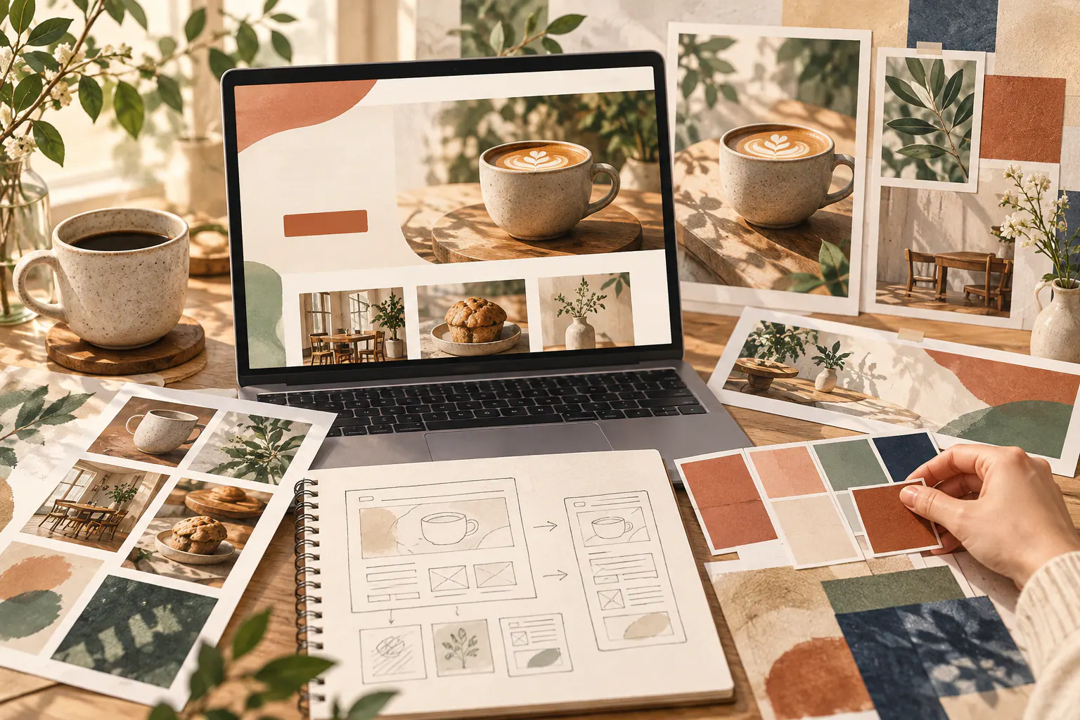 コーヒー店のページを表示したパソコンと、写真・配色見本・画面構成のスケッチを並べた机