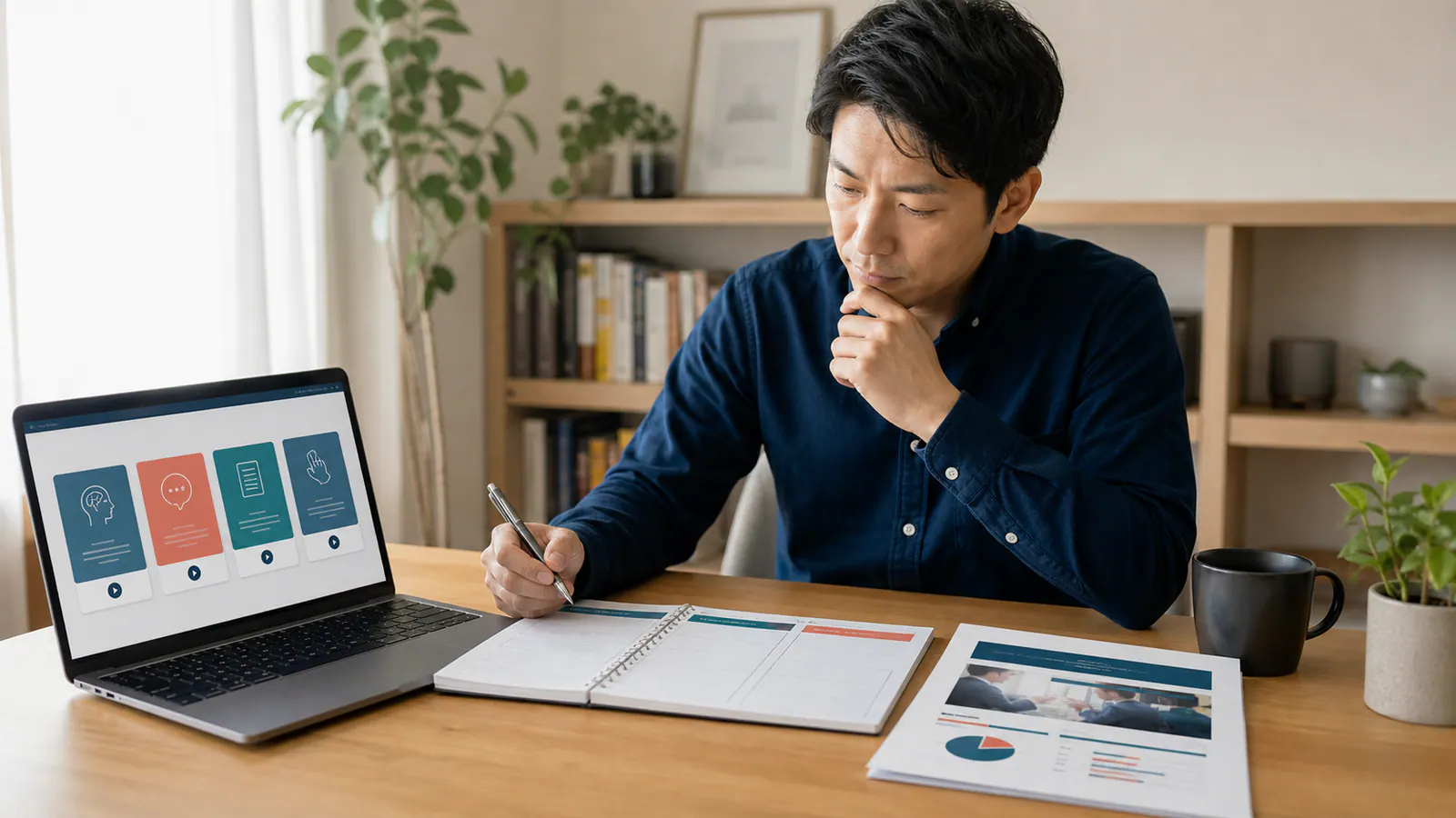 オンライン講座の候補と学習計画を見比べる会社員