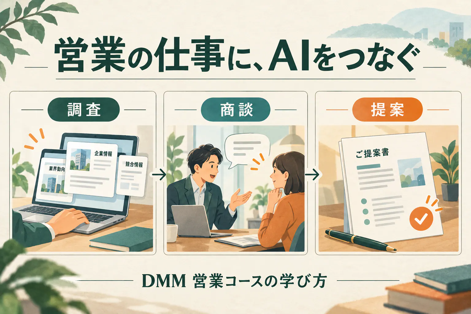 調査・商談・提案を順番に学び、営業の仕事にAIをつなぐAI生成の説明イラスト