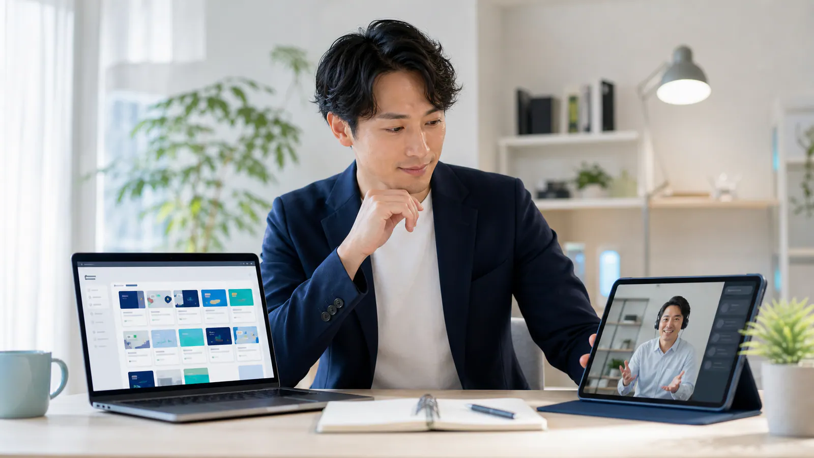 幅広いオンライン教材と個別メンター相談を見比べる会社員