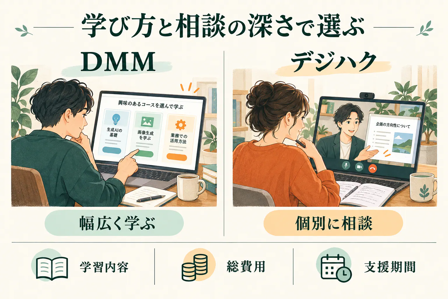 DMMで幅広く学ぶ方法とデジハクで個別に相談する方法を、学習内容・総費用・支援期間で比べるAI生成の説明イラスト