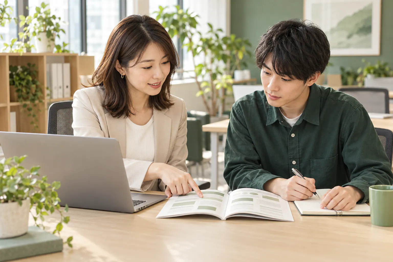 人事担当者と新しい同僚が、入社後の案内と相談先を確認する場面