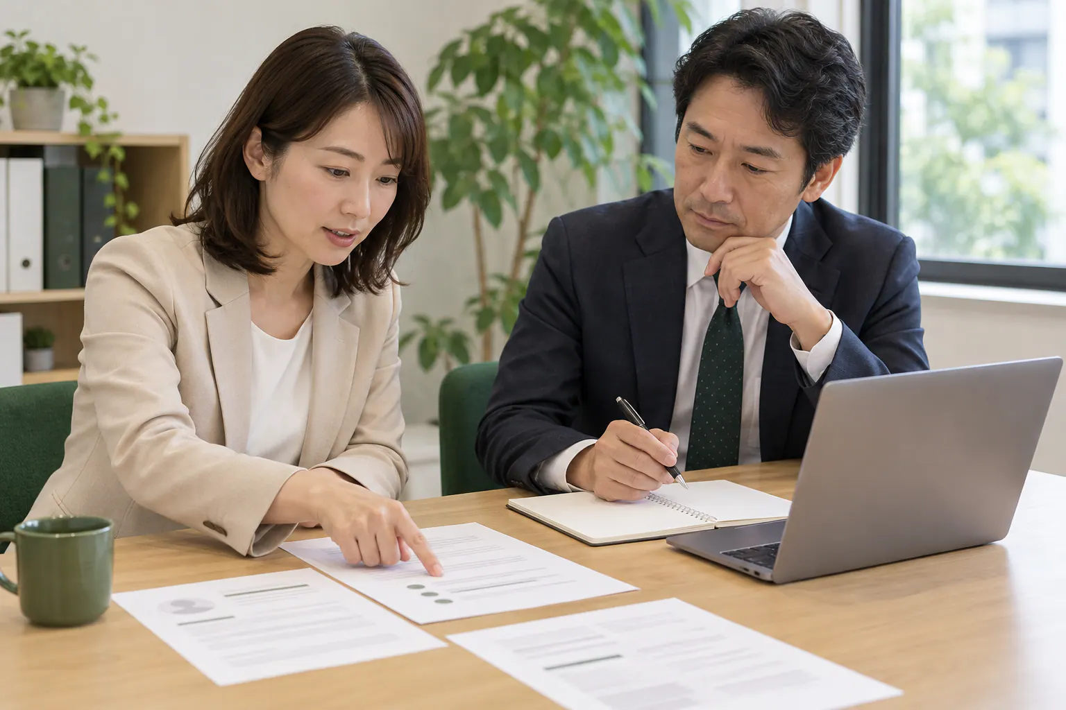 人事担当者と同僚が、募集する仕事と応募条件を資料で確かめる場面