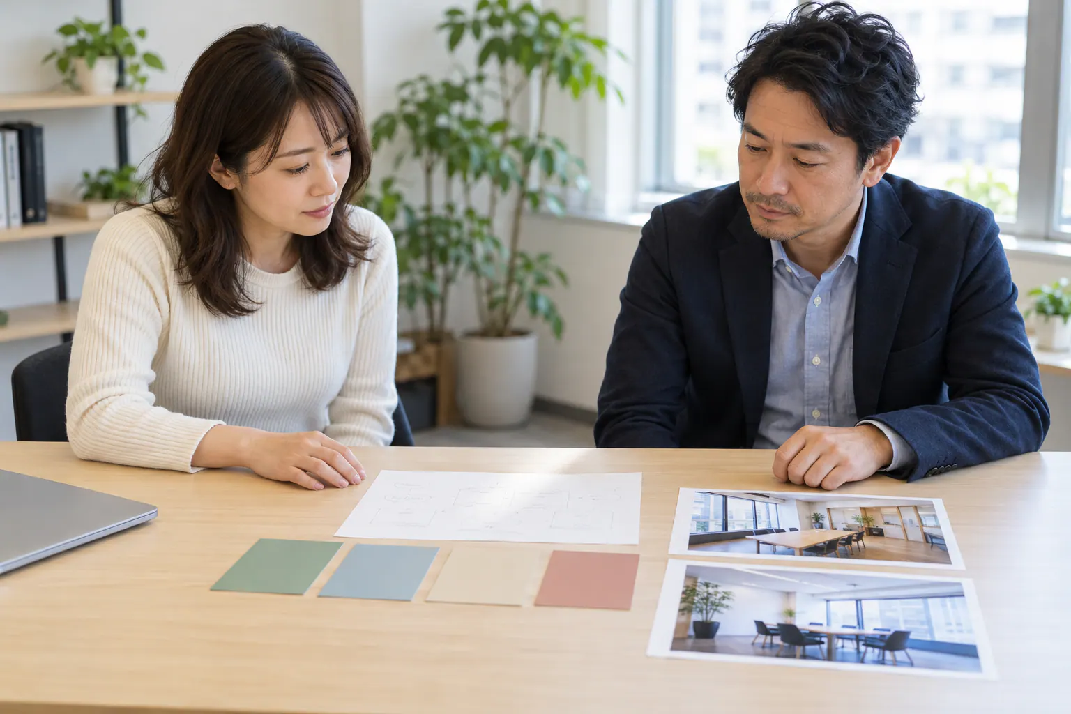 同僚と企画メモを見ながら、集客施策と確認する数字を相談する場面