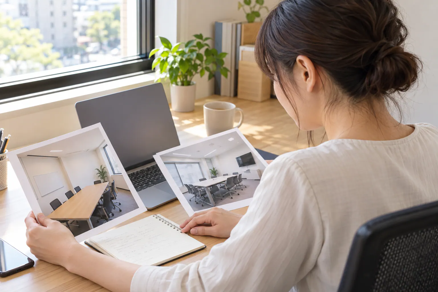 貸会議室の資料を読み、利用する顧客と集客企画を考える会社員