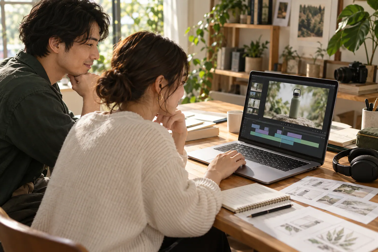 二人の担当者が、ボトルの商品紹介動画と編集のタイムラインをパソコンで見直す場面