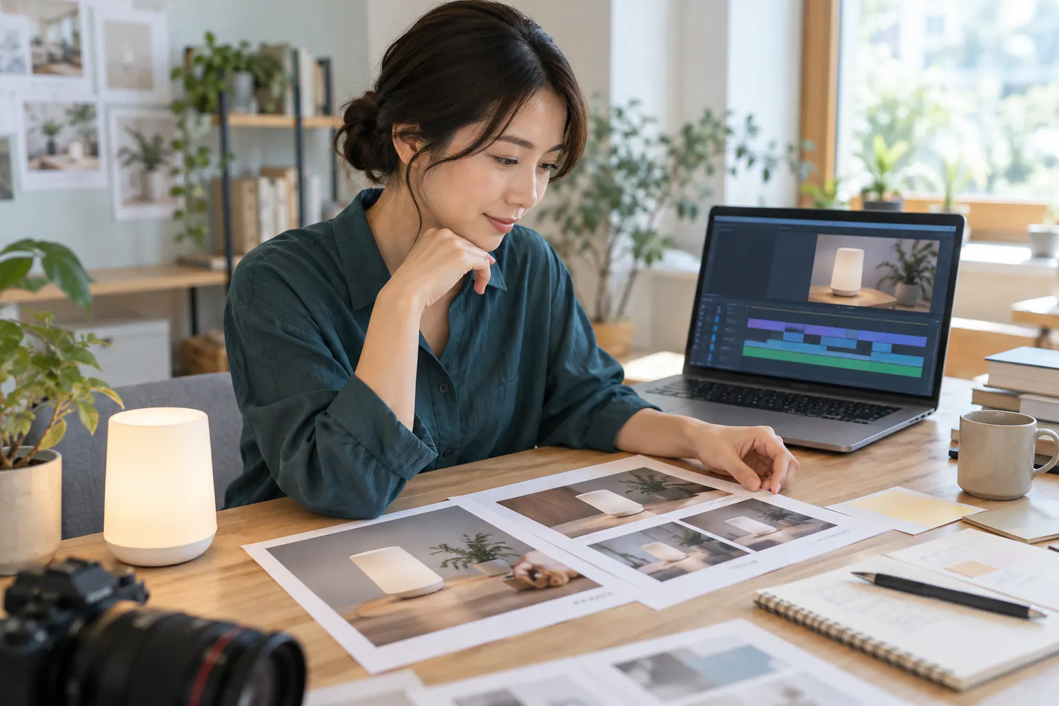 卓上ライトの商品紹介を題材に、動画制作の学び方を検討する会社員