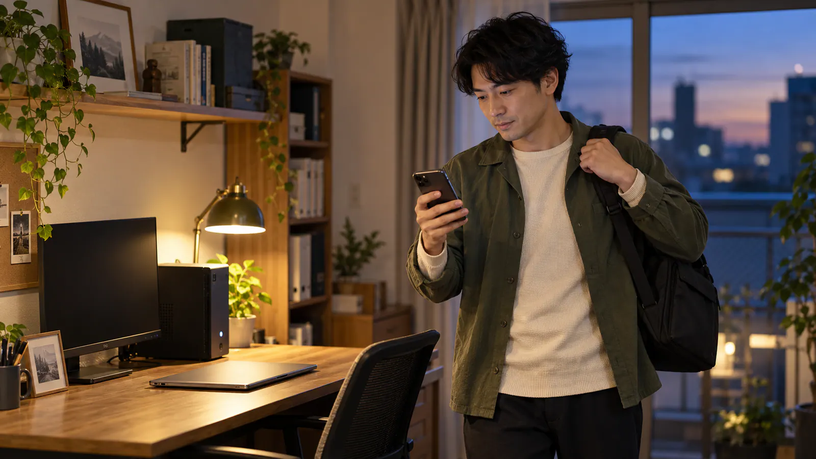 ノートPCを閉じて外出する人と、定期作業を動かす自宅のデスク環境のイメージ