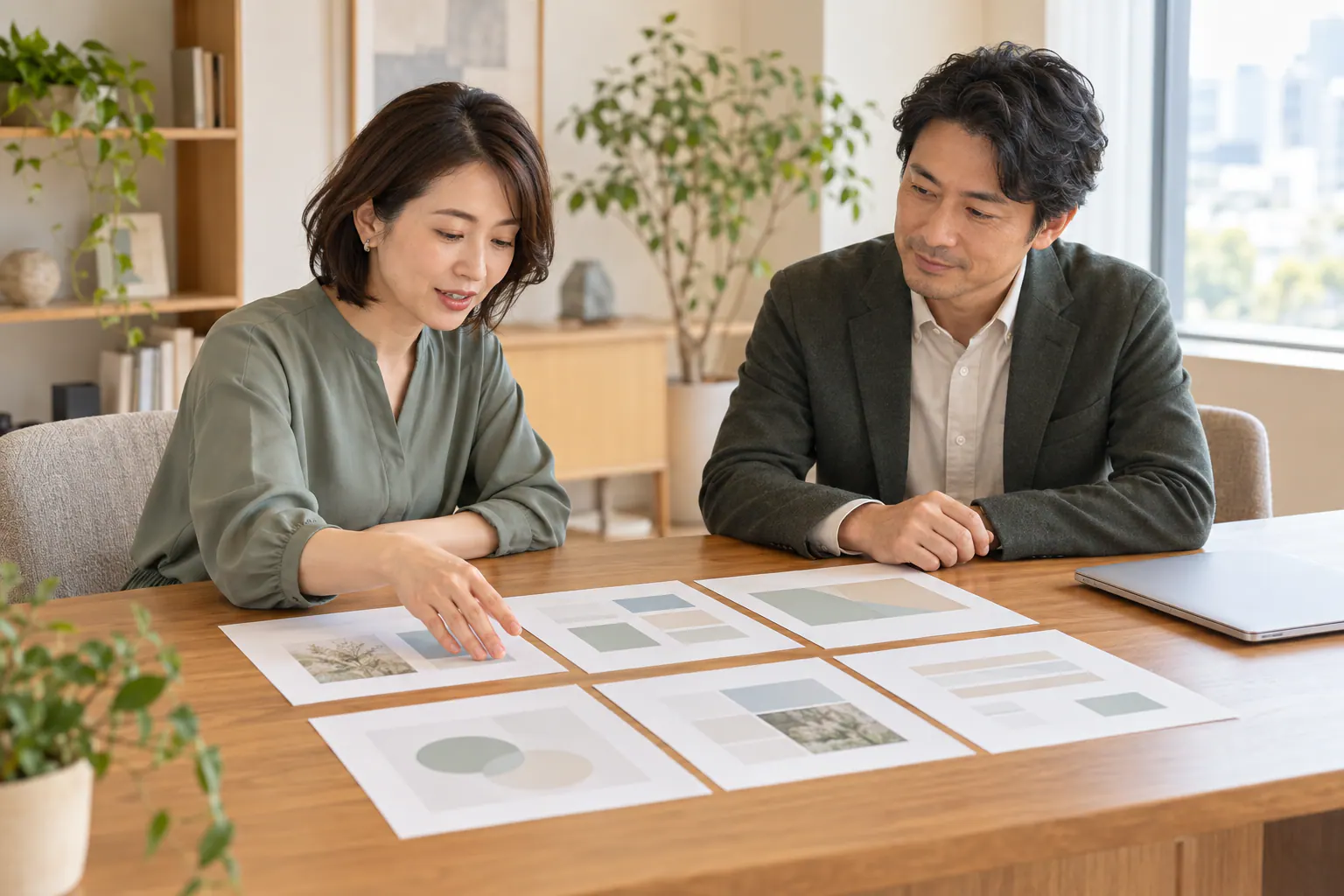 六枚の資料を机に並べ、同僚と内容と順番を確認する場面