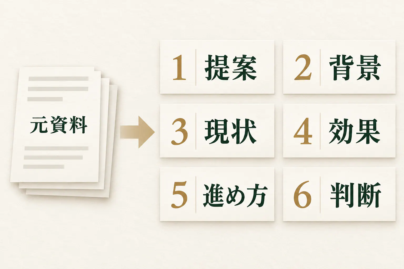 元資料を、提案、背景、現状、効果、進め方、判断の六枚へまとめる構成例