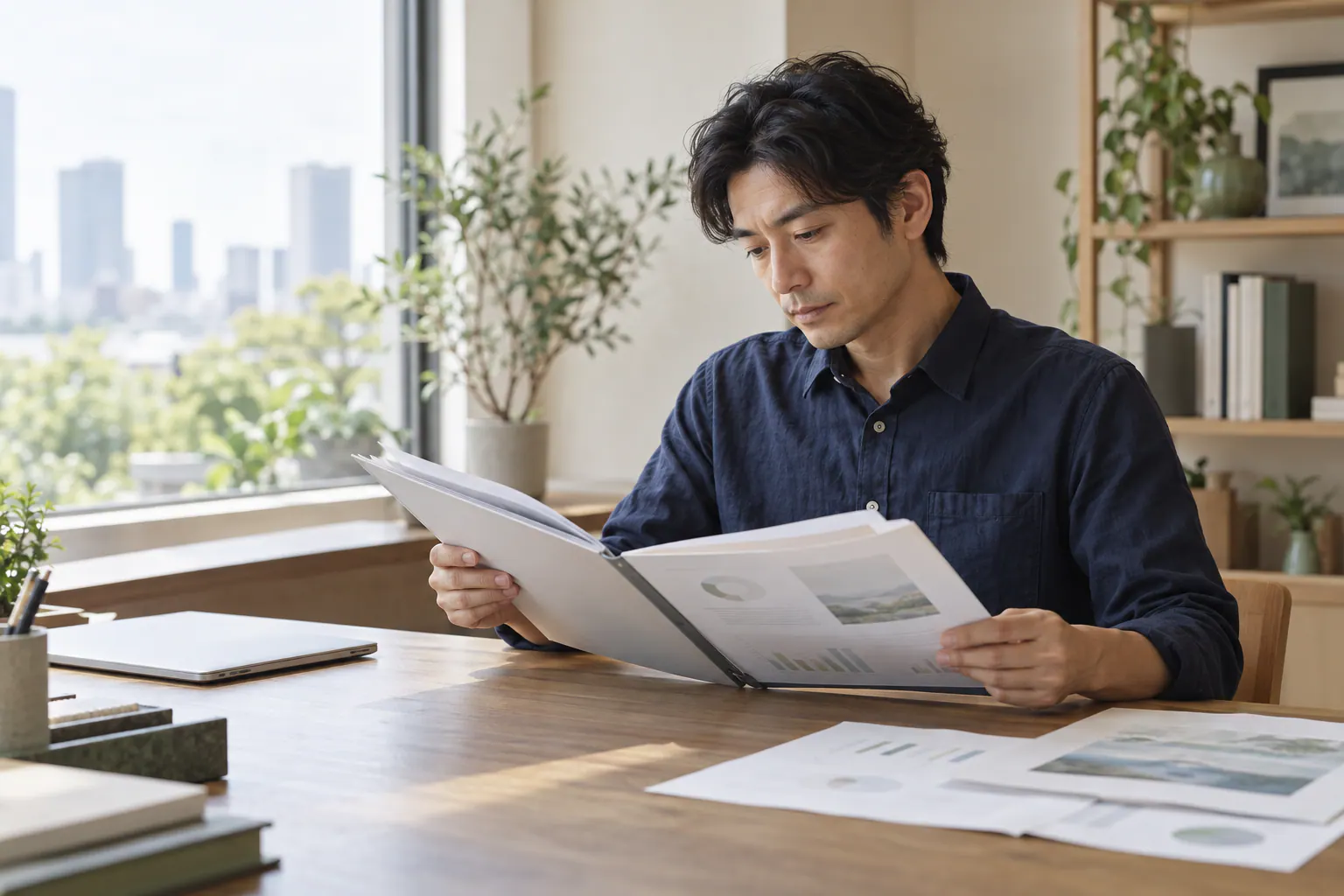 窓辺の机で元のレポートを読み、説明する内容を選ぶ会社員