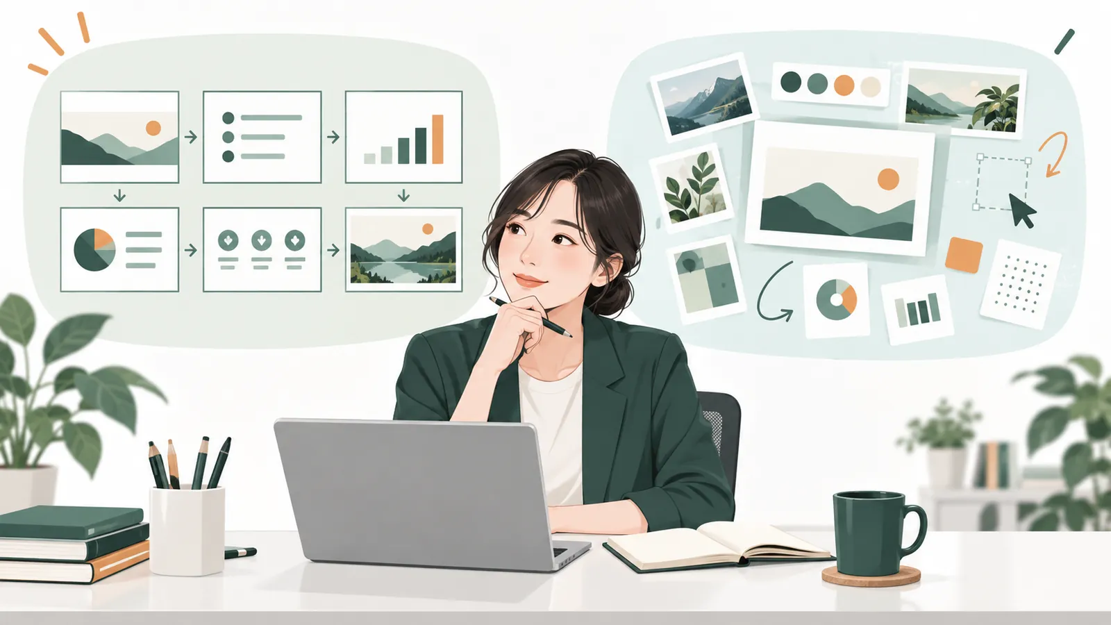 スライドの構成を整える方法と、素材を組み合わせる方法を見比べる会社員のイラスト。AI生成の説明用イメージ