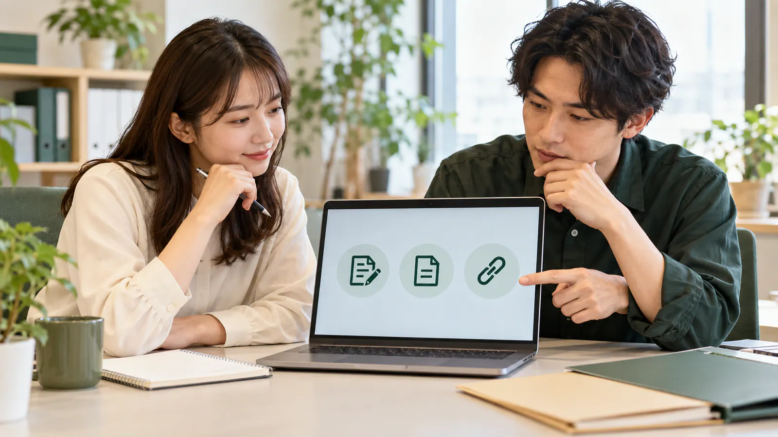 PPTX・PDF・リンクという資料の渡し方を選ぶ会社員の説明用イメージ