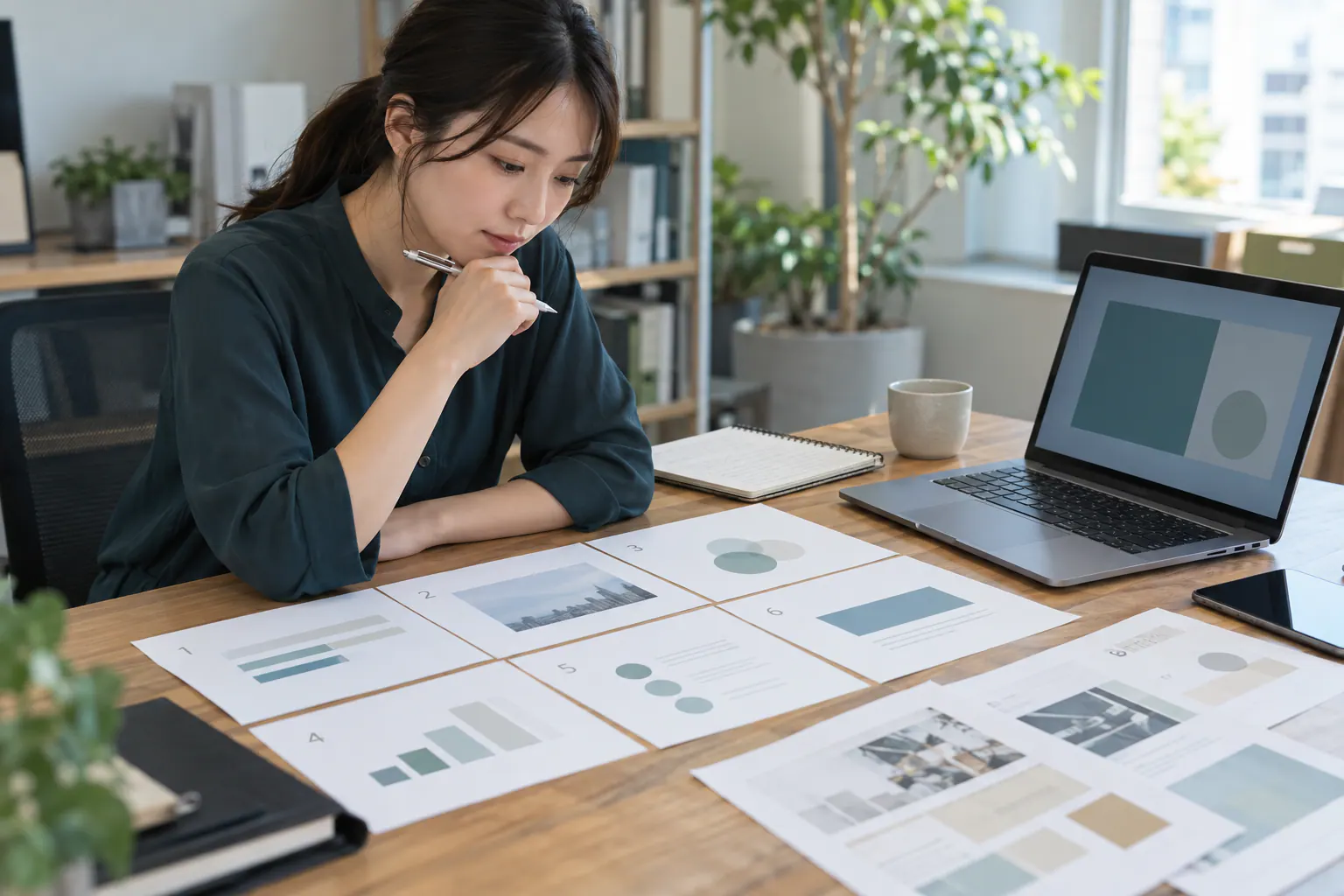 六枚の社内提案の構成を見ながら、使う資料作成ツールを検討する企画担当者