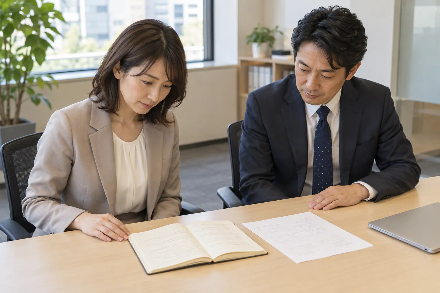 会議のあとに同僚と紙のメモを見比べ、依頼と期限を確認する場面
