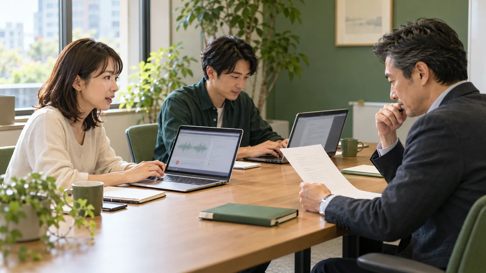 会議を録る担当、文字起こしを直す担当、記録を読む責任者が仕事を分担するイメージ