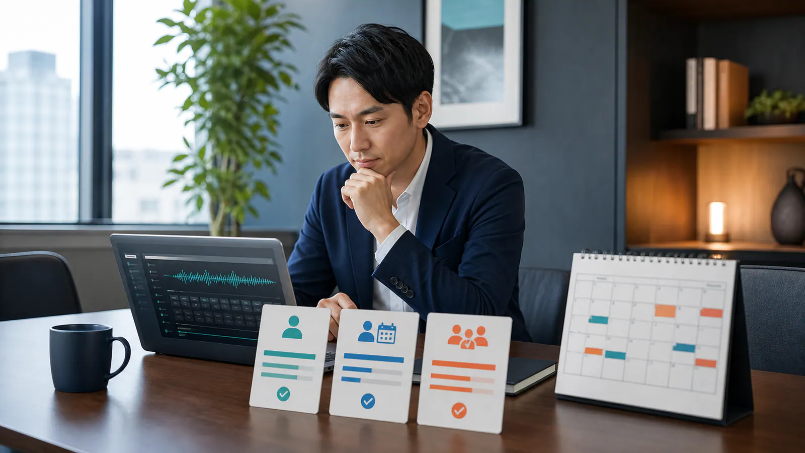 会議の本数と時間を見ながらNottaの料金プランを比較する会社員
