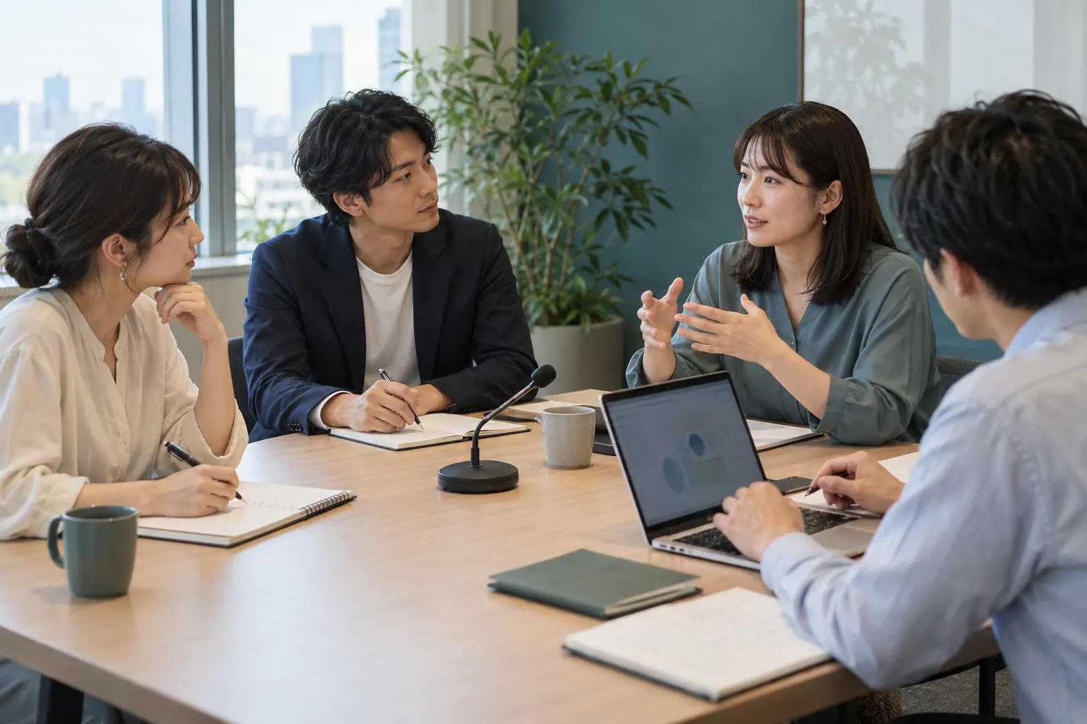 会議の発言を聞きながら、ノートPCとメモで記録する同僚たち