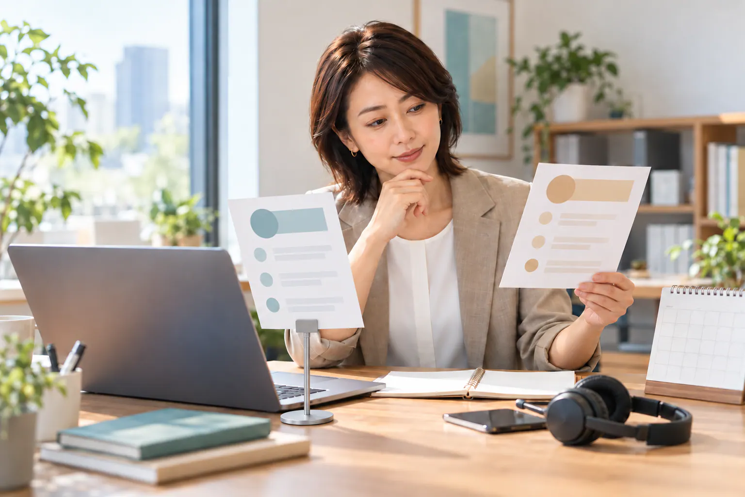会議記録サービスの資料を見比べ、契約を検討する会社員