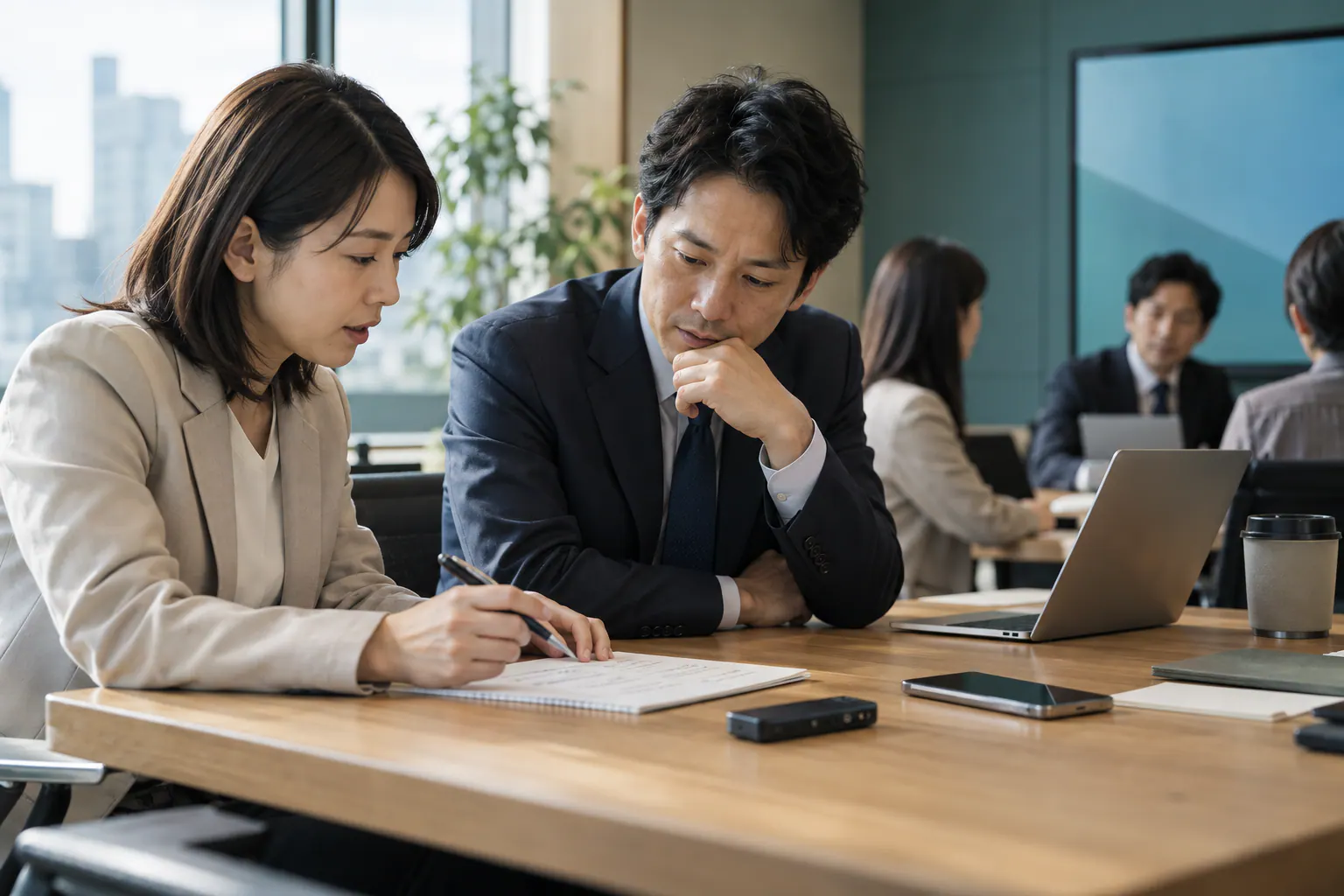 仕事の会議で録音端末を使う条件を、社内の担当者へ相談する会社員