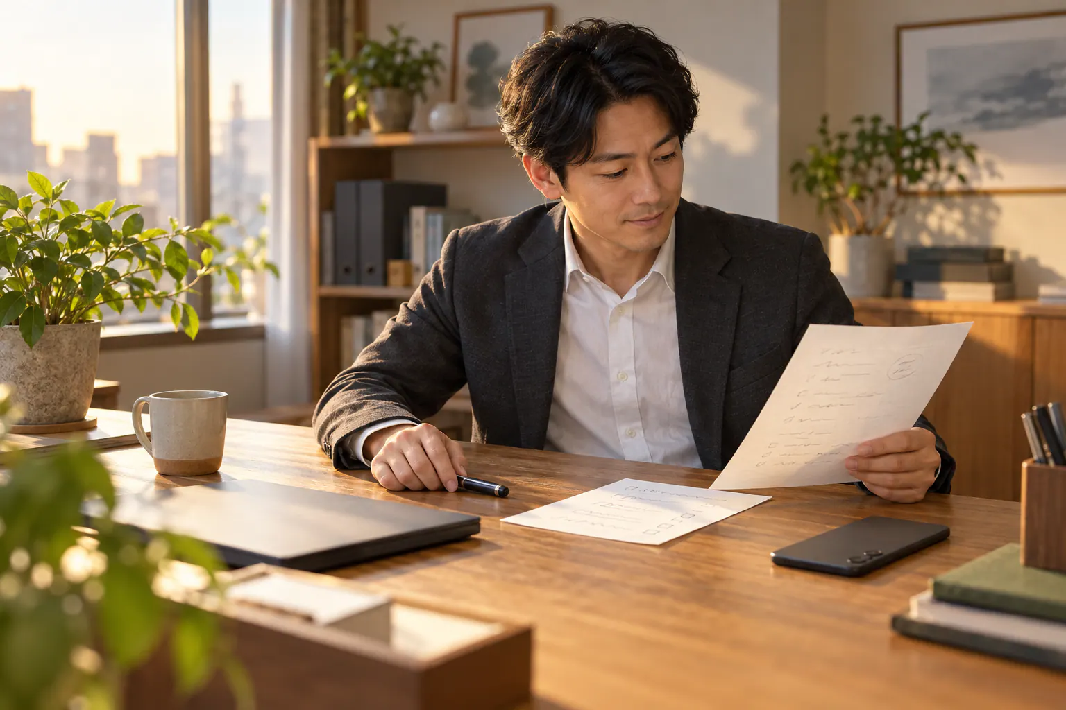 電話が終わったあと、紙のメモを見比べて依頼内容を整える会社員
