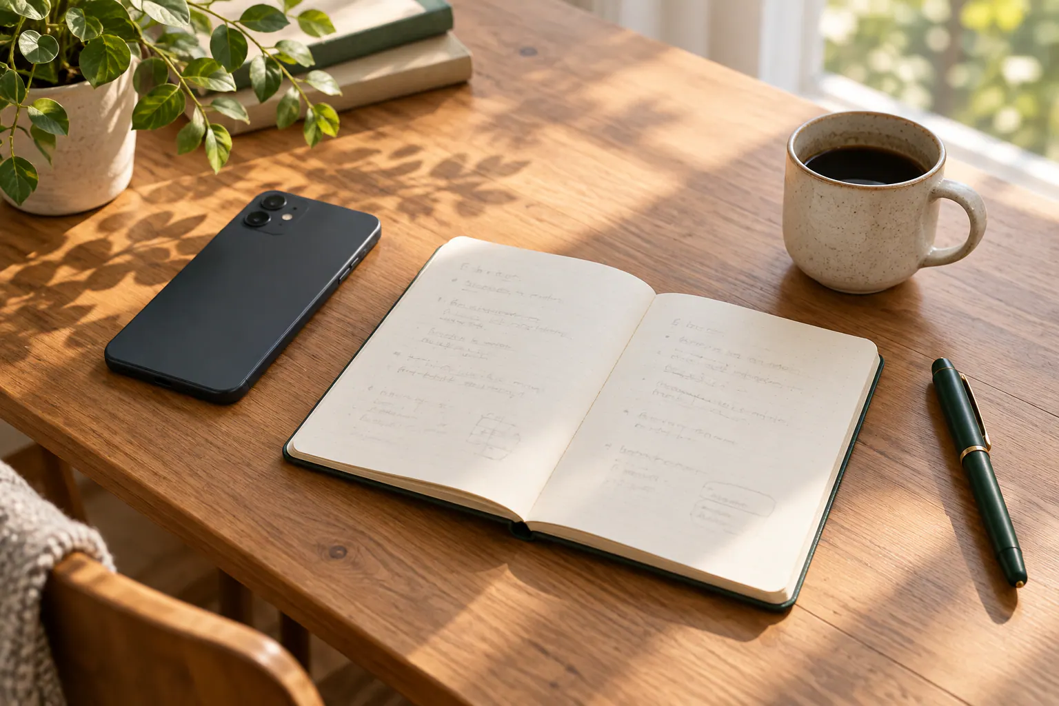 電話の内容を確認するためのスマートフォンとノートが置かれた机