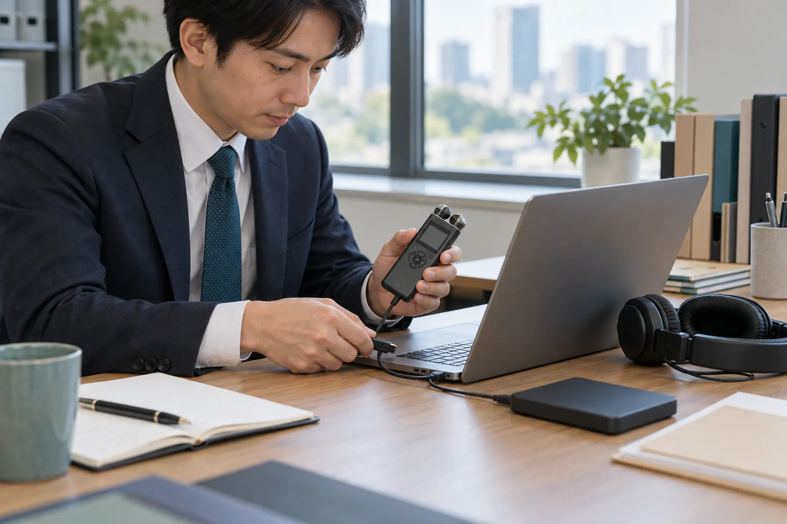 録音した音声をPCへ移し、仕事のファイルとして整理する会社員