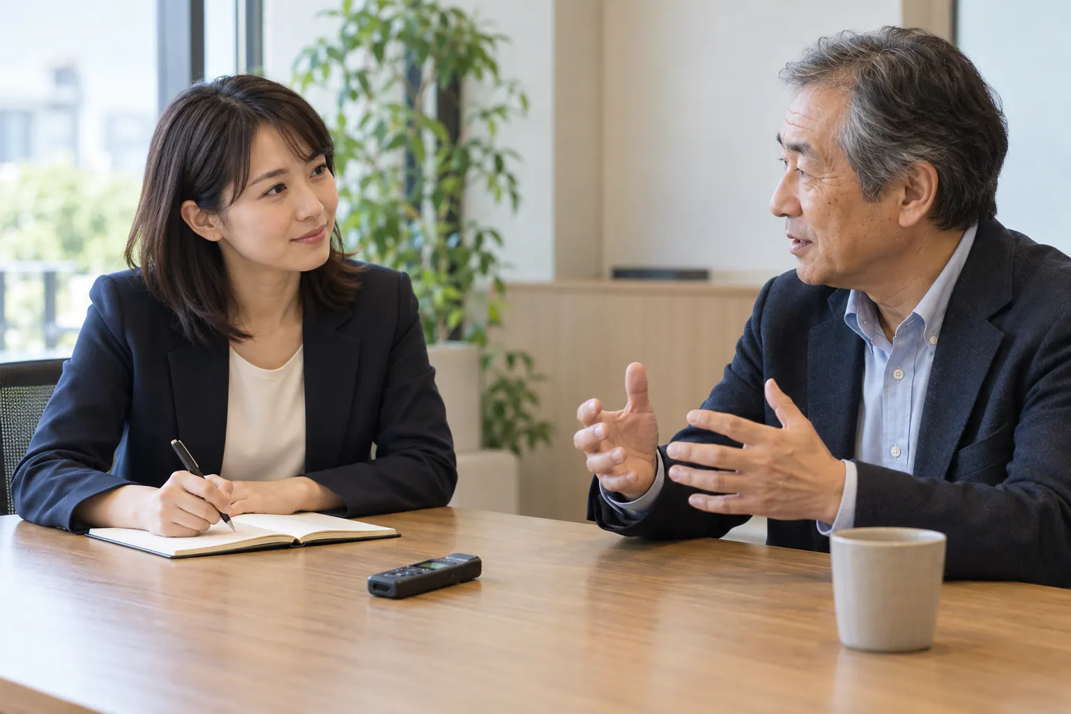 対面の打ち合わせで相手の話を聞き、録音機とノートで内容を残す担当者
